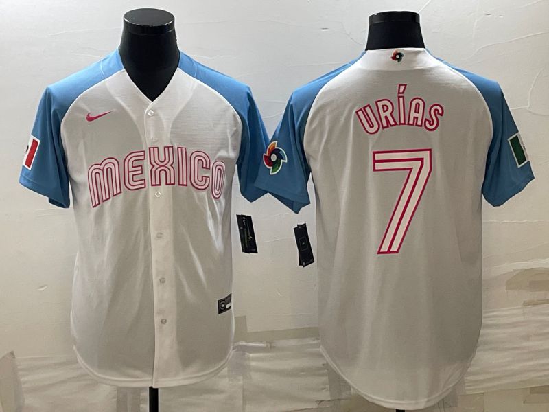 Men 2023 World Cub Mexico #7 Urias White blue Nike MLB Jersey1